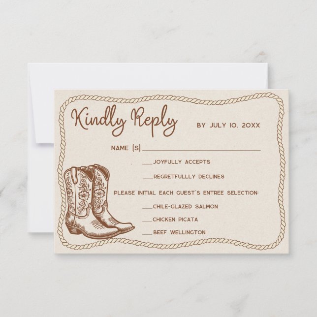 Western Cowboy Boots Barn Wedding Meal Choice RSVP Karte (Vorderseite)