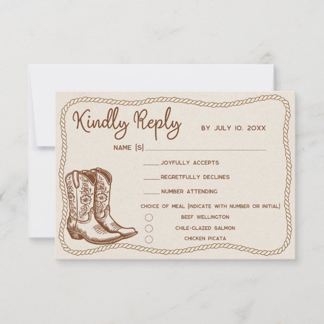Western Cowboy Boots Barn Wedding Meal Choice RSVP Karte (Vorderseite)