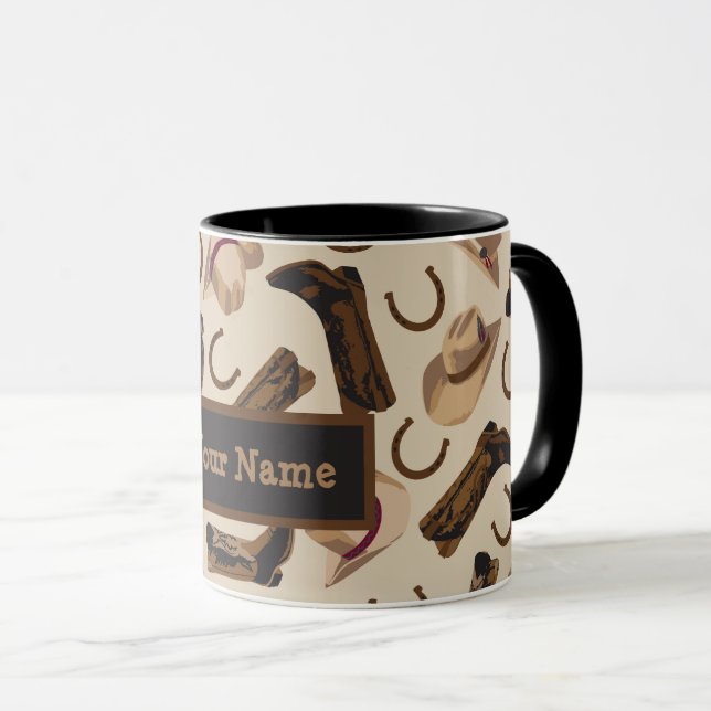Western Cowboy Boots Hats Beige Name Personalisier Tasse (VorderseiteRechts)