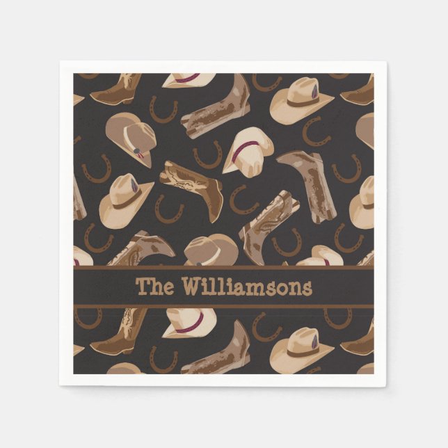 Western Cowboy Boots Hats Brown Black Name Custom Serviette (Vorderseite)