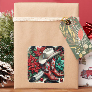 Western Cowboy Boots Holiday Floral Kuh versteckt Quadratischer Aufkleber