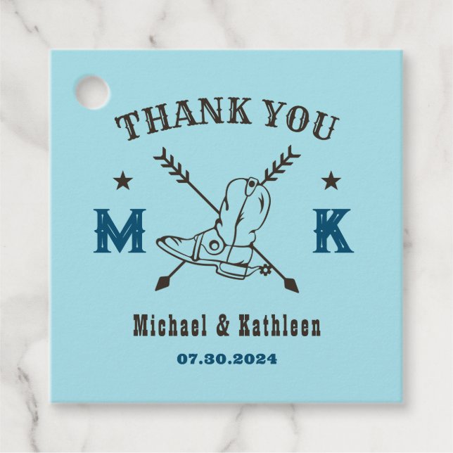 Western Cowboy Boots Monogram Country Wedding Geschenkanhänger (Vorderseite)