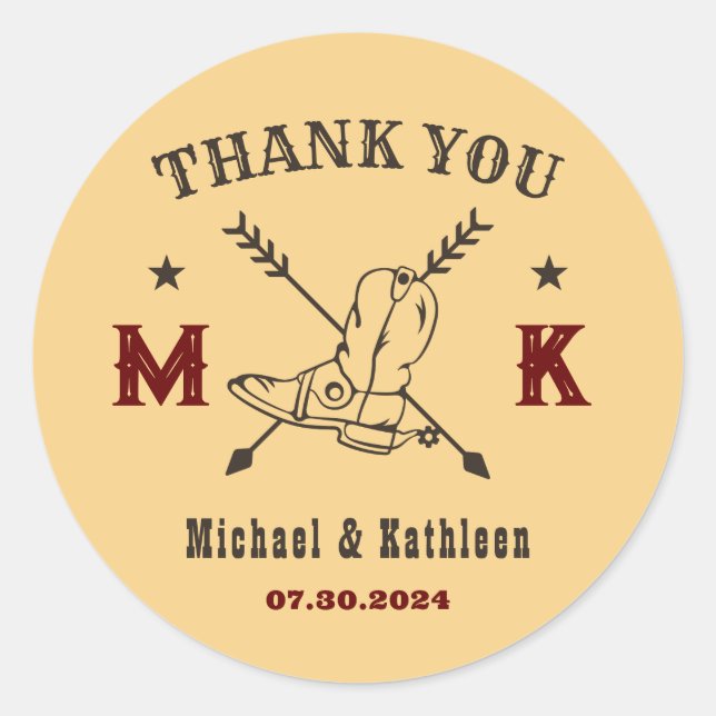 Western Cowboy Boots Monogram Country Wedding Runder Aufkleber (Vorderseite)