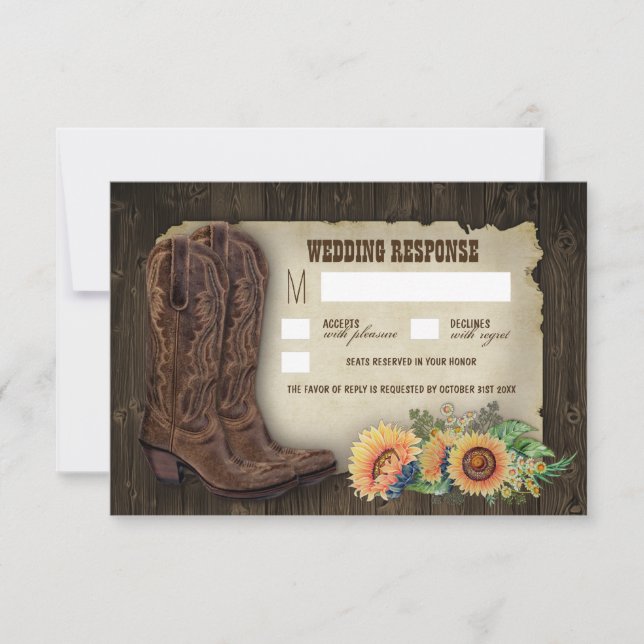 Western Cowboy Boots Sonnenblumen Hochzeitskarten  RSVP Karte (Vorderseite)