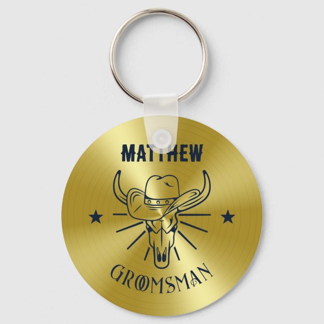 Western Cowboy Bull Skull Logo Gold Navy Trauzeuge Schlüsselanhänger (Vorderseite)