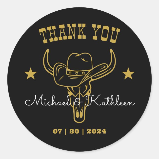 Western Cowboy Bull Skull Rustikale Hochzeit Runder Aufkleber (Vorderseite)