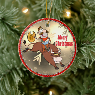 Western Cowboy Cartoon Bull Rider Weihnachten Keramik Ornament