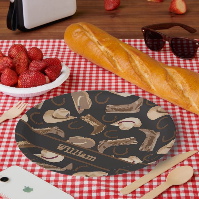 Western Cowboy Cowgirl Boots Hats Brown Black Name Pappteller (Picknick)