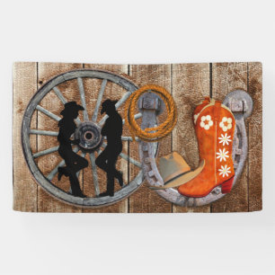 Western Cowboy Cowgirl Horseshoe Wagon Wheel Banner