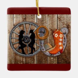 Western Cowboy Cowgirl Horseshoe Wagon Wheel Keramikornament