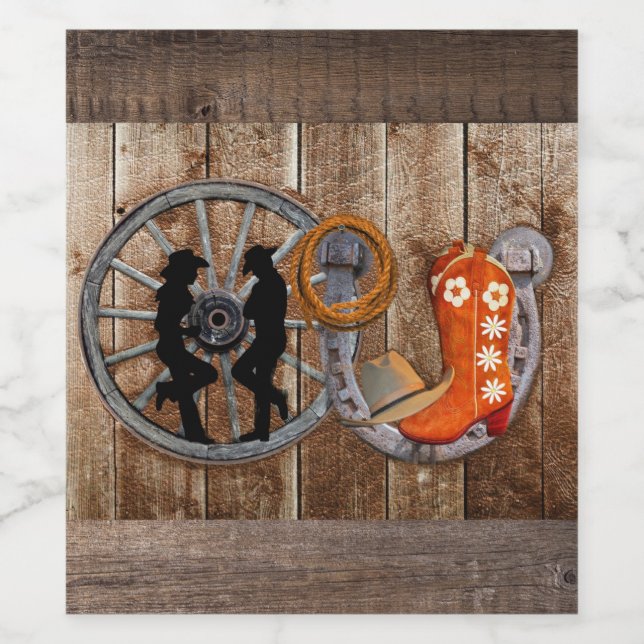 Western Cowboy Cowgirl Horseshoe Wagon Wheel Weinetikett (Einzelnes Label)