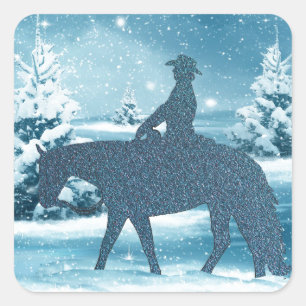 Western Cowboy Cowgirl Pferd Winter Snow Scene Quadratischer Aufkleber