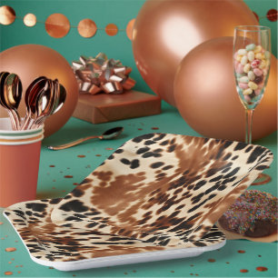 Western Cowboy Cream Brown Black Cowhide Pappteller