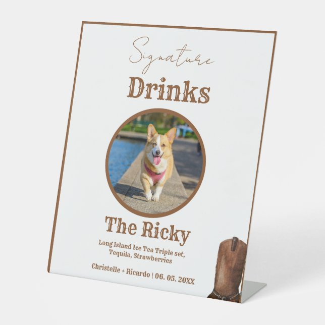 Western Cowboy Dog Unterschrift Drinks Hochzeitsre Sockelschild (Vorderseite)