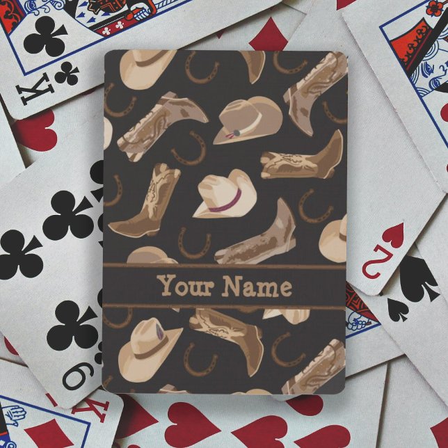 Western Cowboy Hat Boots Black Brown Name Spielkarten (Deck of playing cards features cowboy cowgirl western boots and hat on black with personalized name)