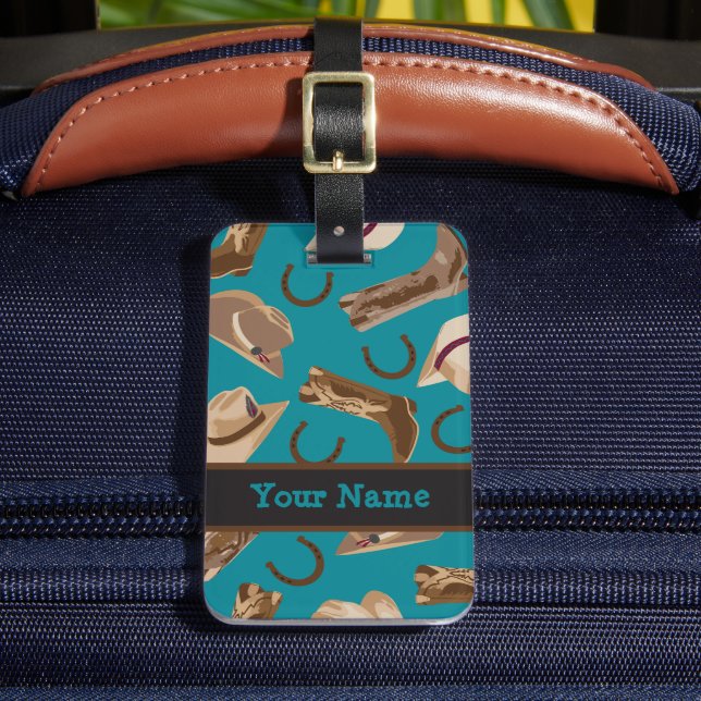 Western Cowboy Hat Boots Türkis Blue Aquamariner N Gepäckanhänger (Vorderseite Insitu 2)