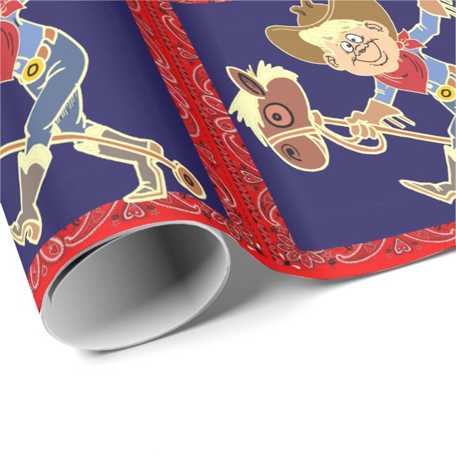 Western Cowboy-Kind auf Stick-Pferd Geschenkpapier (Rolleneckpunkt)