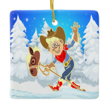 Western Cowboy Kind auf Stick Pferd Winter Szene q