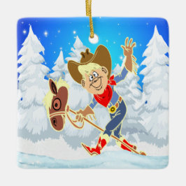 Western Cowboy Kind auf Stick Pferd Winter Szene q Keramikornament