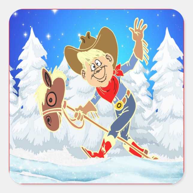 Western Cowboy Kind auf Stick Pferd Winter Szene Quadratischer Aufkleber (Vorderseite)