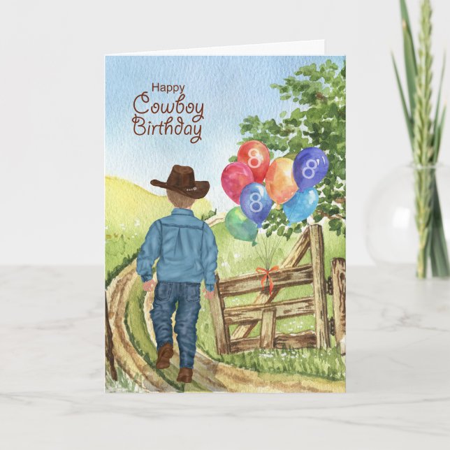 Western Cowboy mit Balloon Boy's 8. Geburtstag Karte (Vorderseite)