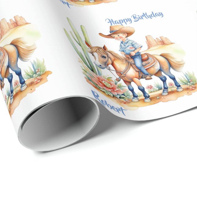 Western Cowboy on Horse Personalisiert Geburtstag Geschenkpapier (Rolleneckpunkt)