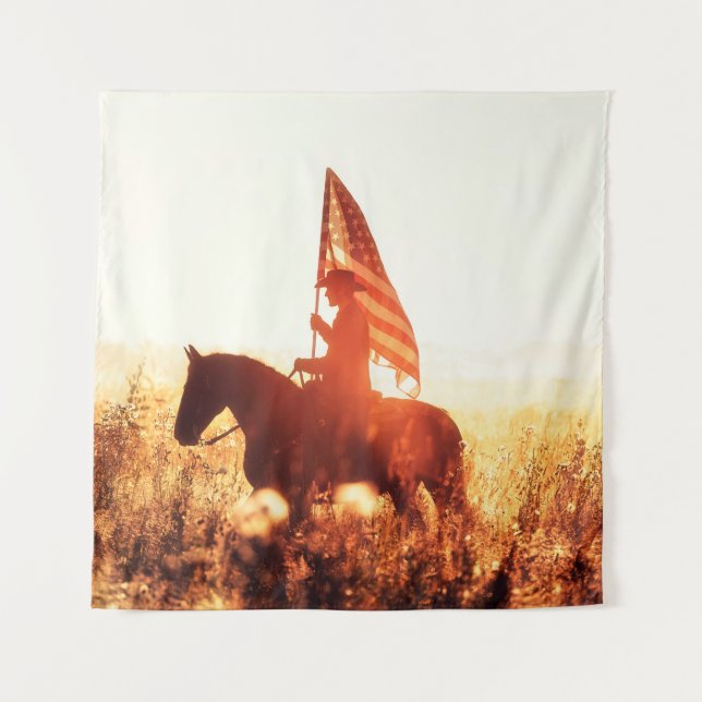 Western - Cowboy-Portrait mit US-Flagge Wandteppich (Vorderseite)