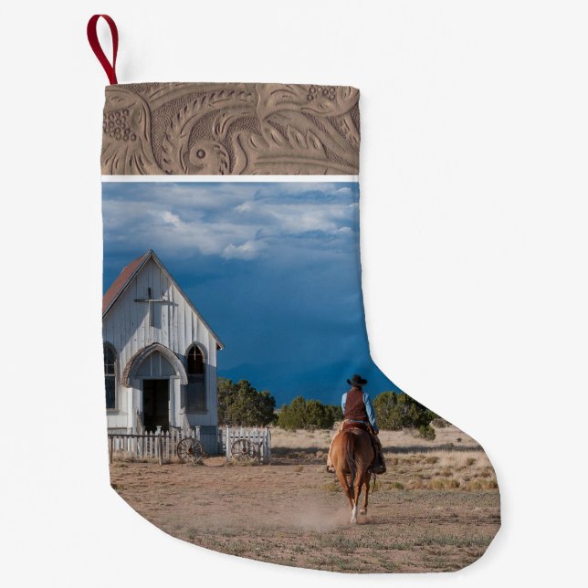 Western Cowboy reiten Pferd zur Kirche Imitate Led Kleiner Weihnachtsstrumpf (Vorderseite)