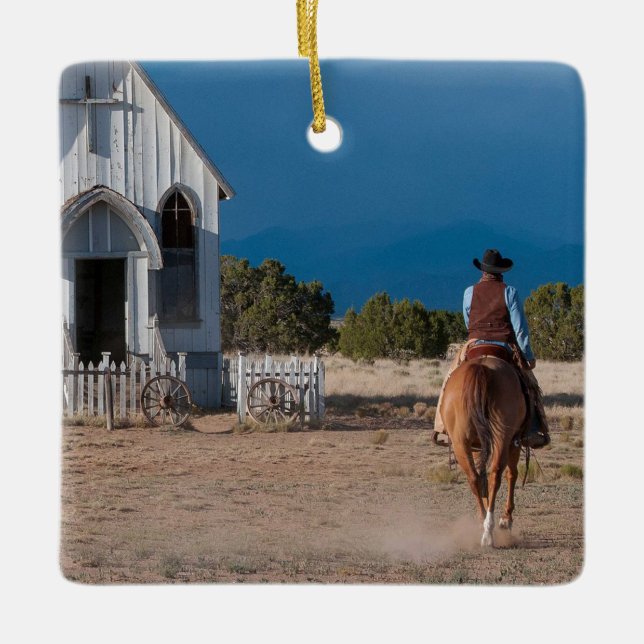 Western Cowboy reiten Pferd zur Kirche Keramikornament (Vorderseite)