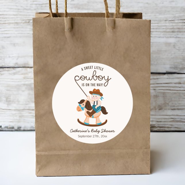 Western Cowboy Rocking Horse Boy Babydusche Runder Aufkleber (Von Creator hochgeladen)