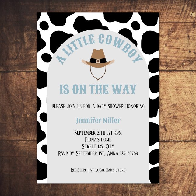 Western Cowboy Rodeo Kuh Print Boy Baby Dusche Einladung (cowboy western rodeo baby boy shower invitation cow print cowboy hat baby blue)