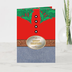 Western Cowboy Santa Belt Buckle Red Shirt Jeans Karte