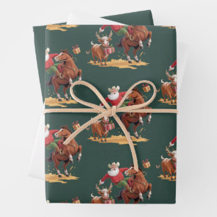 Western Cowboy Santa Weihnachten Rodeo Pferd & Ren Geschenkpapier Set