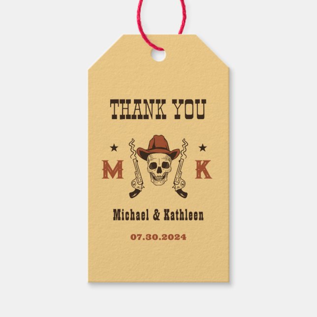 Western Cowboy Skull Monogram Country Wedding Geschenkanhänger (Vorderseite)