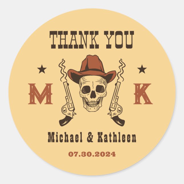 Western Cowboy Skull Monogram Country Wedding Runder Aufkleber (Vorderseite)
