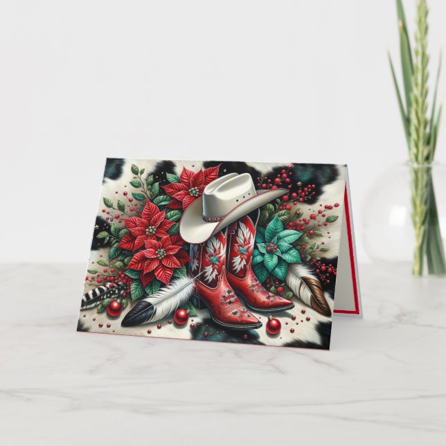 Western Cowboy Stiefel Blumenkuh verbergen Weihnac Karte (Vorderseite)