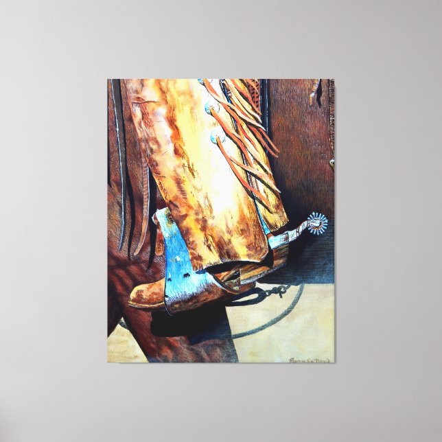 Western Cowboy Stiefel und Rodepferd, Cartoon Leinwanddruck (Vorderseite)