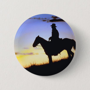 Western Cowboy Sunset Silhouette Button