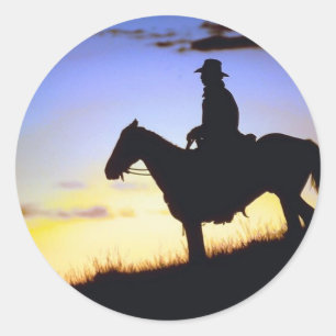 Western Cowboy Sunset Silhouette Runder Aufkleber