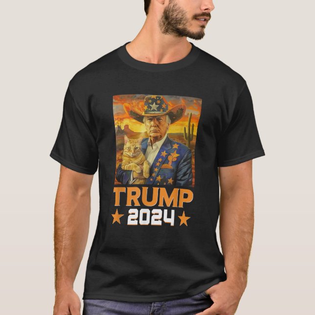 Western Cowboy Trump 2024 und Cat Patriotic 4. T-Shirt (Vorderseite)