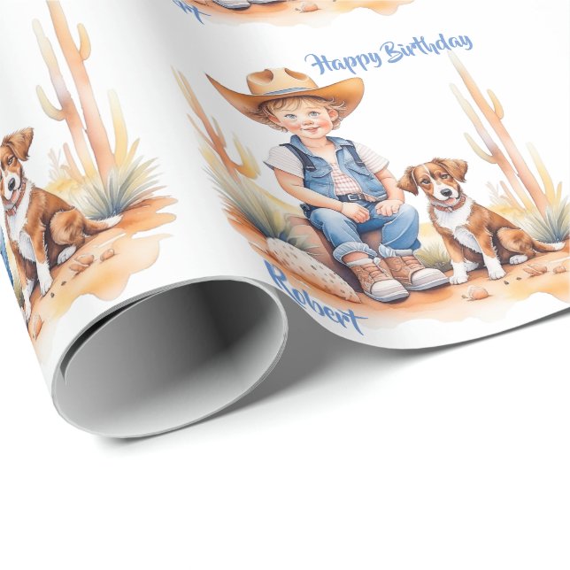 Western Cowboy und Hund Personalisiert zum Geburts Geschenkpapier (Rolleneckpunkt)