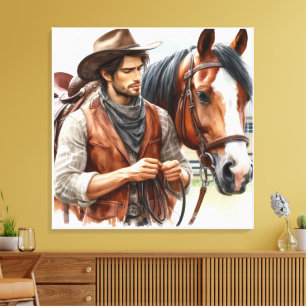 Western-Cowboy und Pferd Stretch Leinwandbild Leinwanddruck