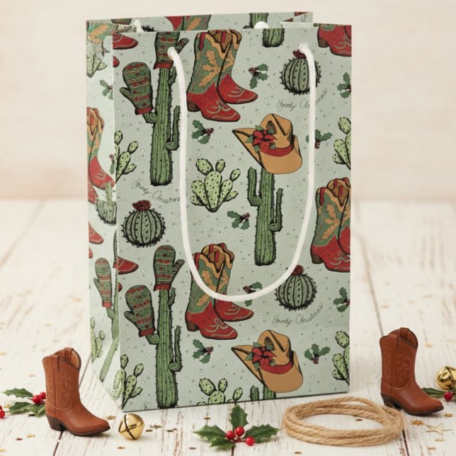 Western Cowboy Weihnachten Rot und Grün Kleine Geschenktüte (Country Western Cowgirl Howdy Christmas Gift Bags. Sage Green Rustic Rodeo Xmas Cowboy Boots & Cacti)
