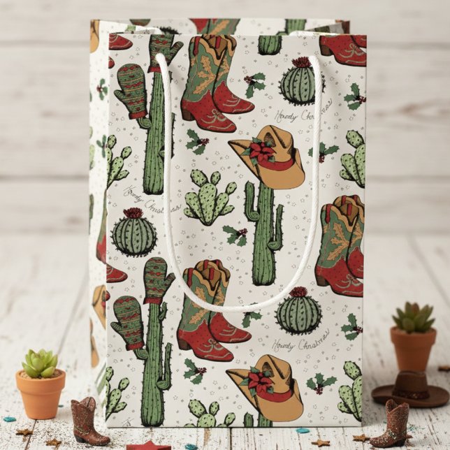 Western Cowboy Weihnachten Rot und Grün Kleine Geschenktüte (Country Western Cowgirl Howdy Christmas Gift Bags. Rustic Rodeo Xmas Cowboy Boots & Cacti Pattern)