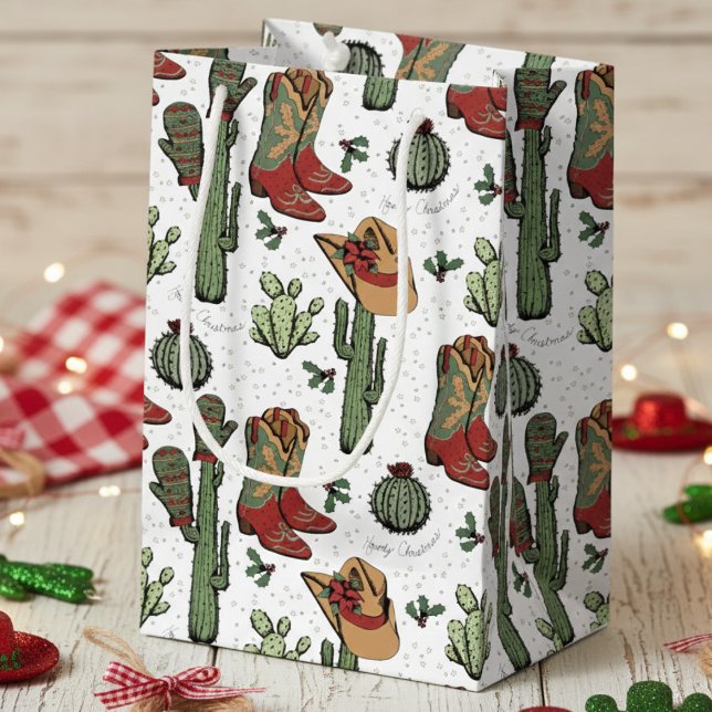 Western Cowboy Weihnachten Rot und Grün Kleine Geschenktüte (Western Cowgirl Howdy Christmas Gift Bags for Her. Elegant Xmas Cowboy Boots, Cacti, Holly Berries)