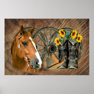 Western-Cowboystiefel-Wagenrad-Sonnenblumen-Wester Poster