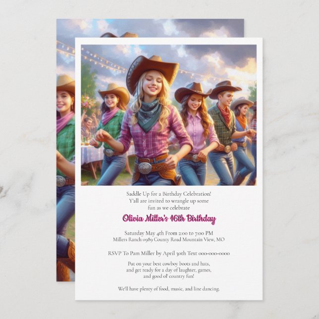 Western Cowgirl 16. Geburtstagsparty Einladung (Vorne/Hinten)