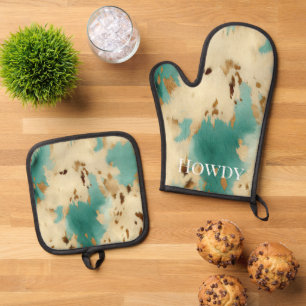 Western Cowgirl Aqua Mint Cream Cowhide Ofenhandschuh & Topflappen-Set