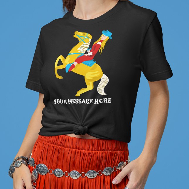 Western Cowgirl auf einem Pferd Custom Message Gra T-Shirt (Von Creator hochgeladen)