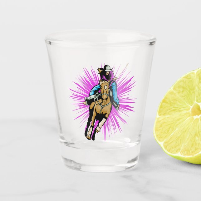 Western Cowgirl beim Laufpferd Schnapsglas (Vorderseite)